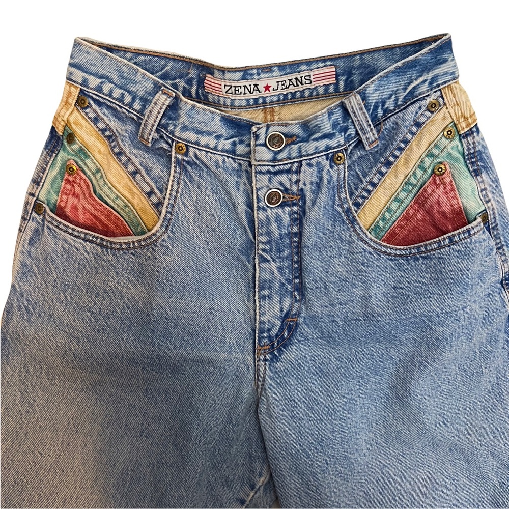 Vintage Zena Size 2 Blue Acid Wash Rainbow Colorful Pockets Straight Leg Jeans - Picture 2 of 9